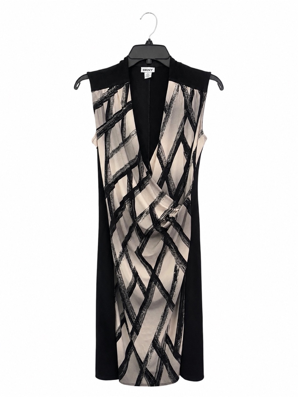 DKNY Faux Wrap Sheath Dress XS Black White Abstract Career Stretch Dress